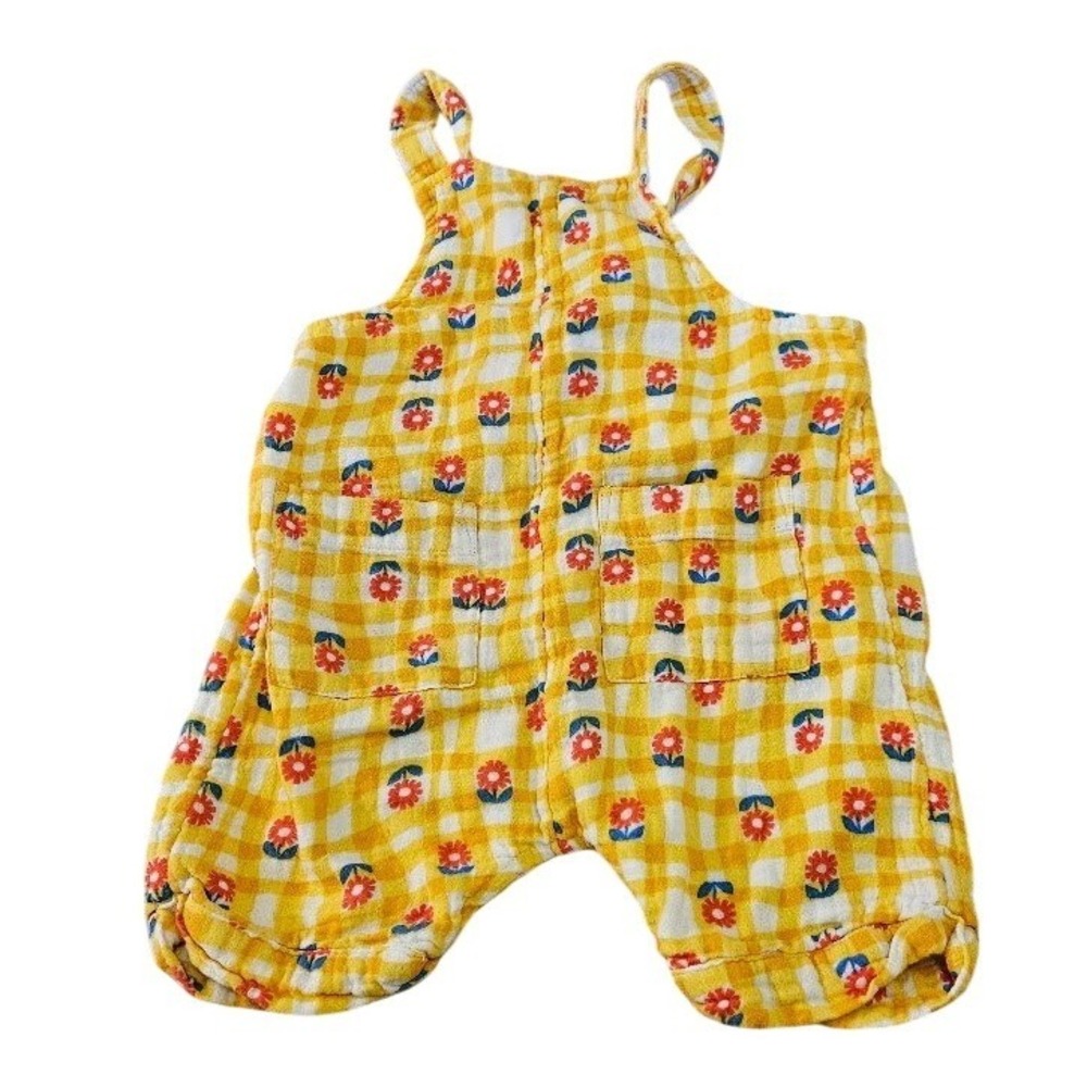 Hanna Andersson Yellow Gingham Floral Cotton Gauze Sunsuit Romper 85cm US 2T
